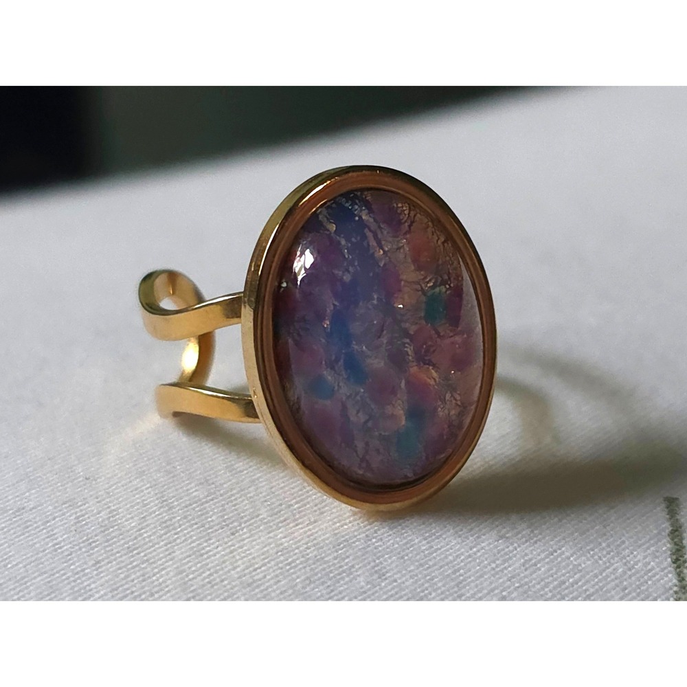 Vintage Gold Tone Faux Opal Adjustable Ring Oval Cabochon Multi Color Fire 7.25 - Picture 2 of 8